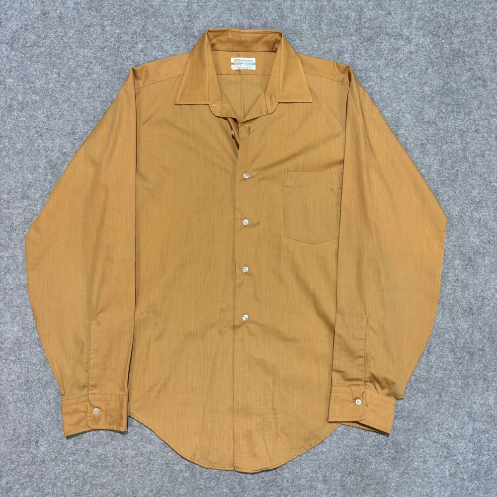Vintage Manhattan Dura Brite Shirt Mens 16 4 Mustard Tan Long Sleeve Button Down